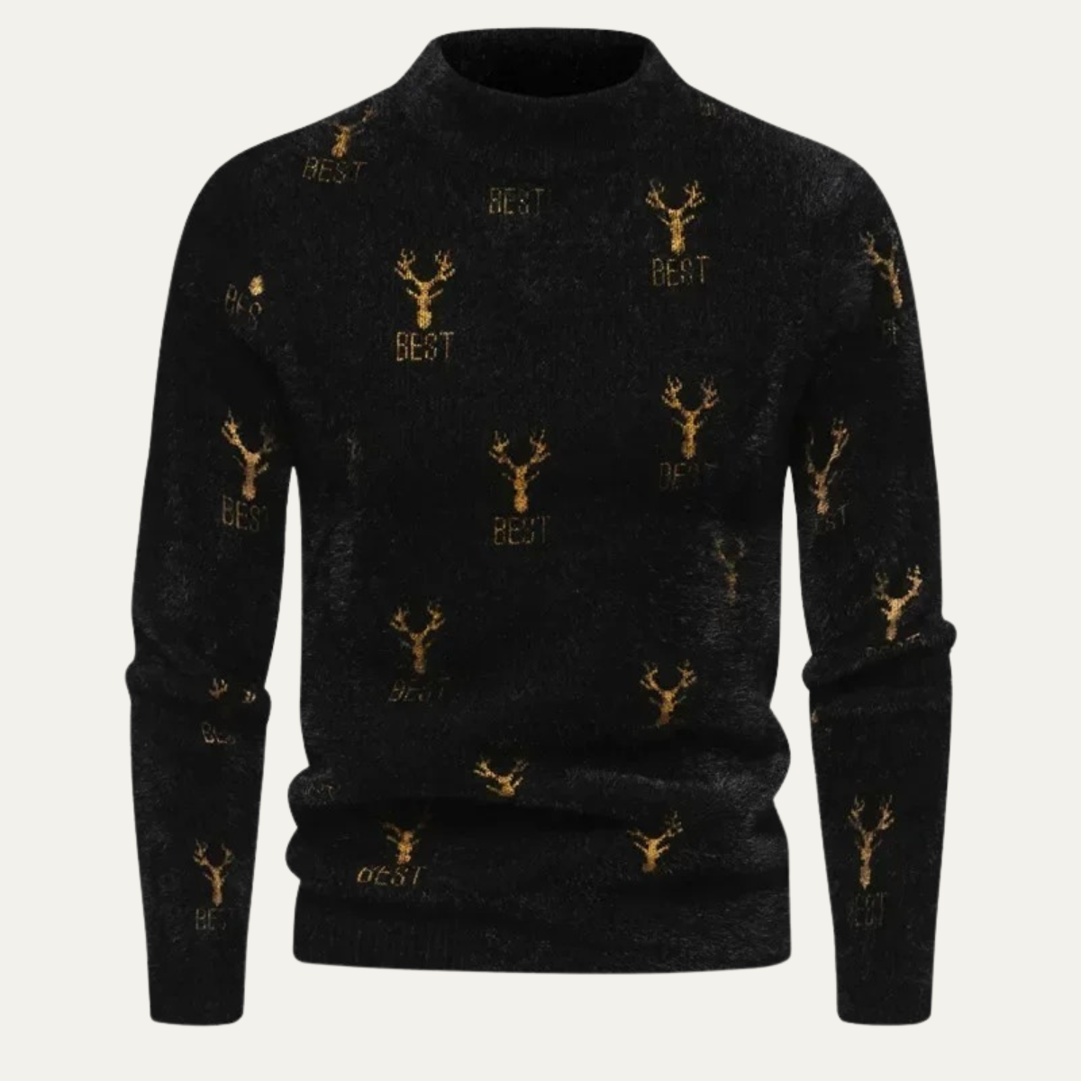 Men’s Fuzzy Reindeer Print Mock Turtleneck Sweater