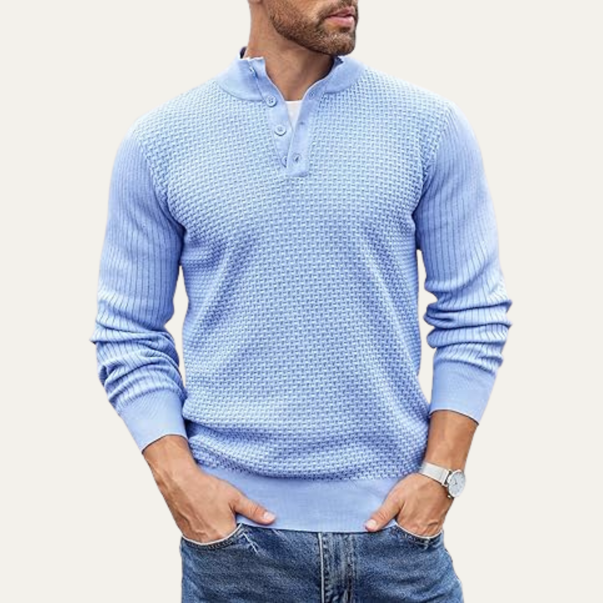 Men’s Textured Ribbed Henley Sweater