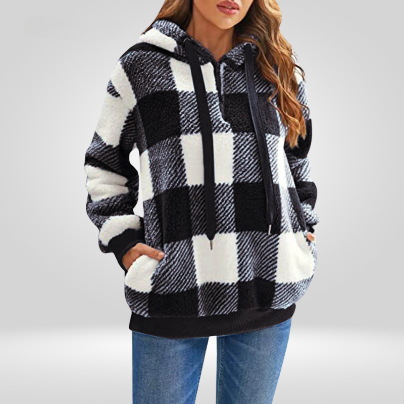Petra | Stylish women's hoodie with half zipper and check pattern