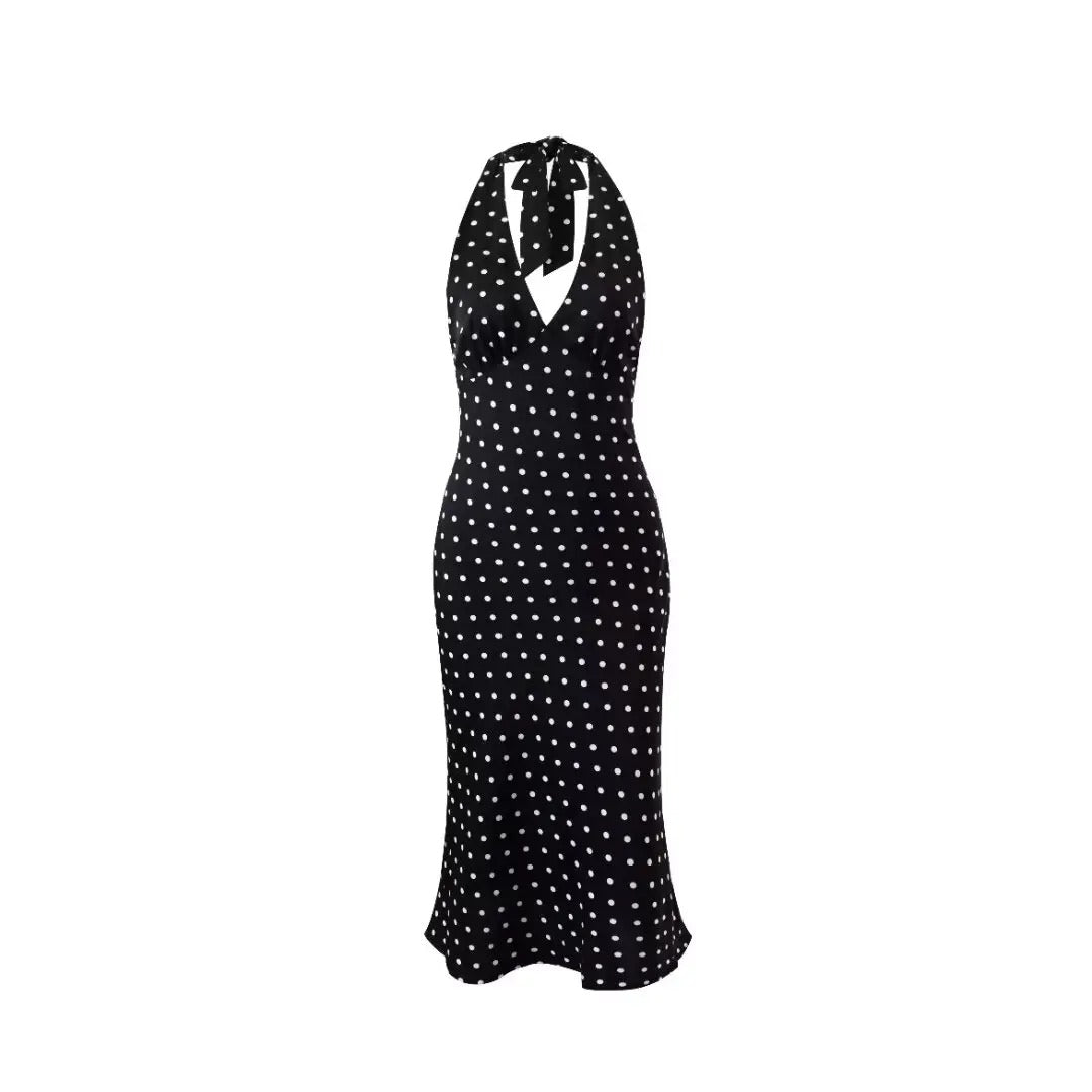 Polka Dot Halter Neck Midi Dress - BritishElegance