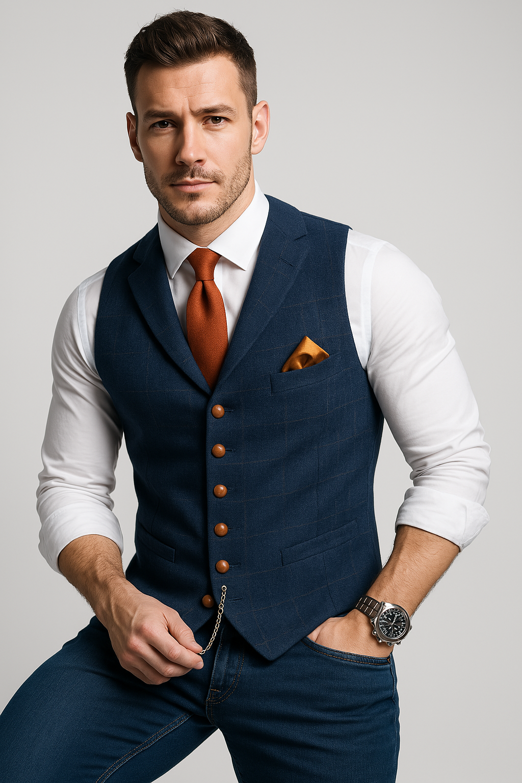 Tweed Waistcoat for Men – Checked Vest with Notch Detail