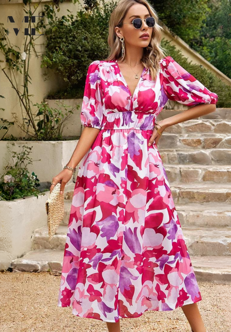 Beautiful Floral Tea Dress with Puffy Sleeves