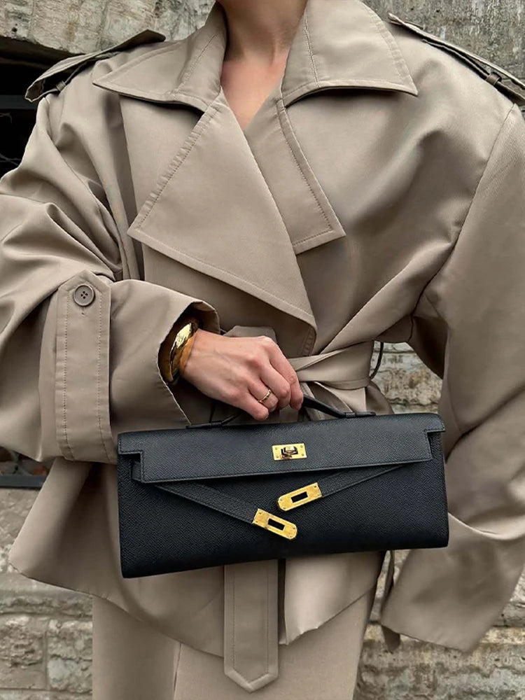 Sienna | Women's Vintage Short Trench Coat – Chic Turn-Down Collar Jacket with Shoulder Pads