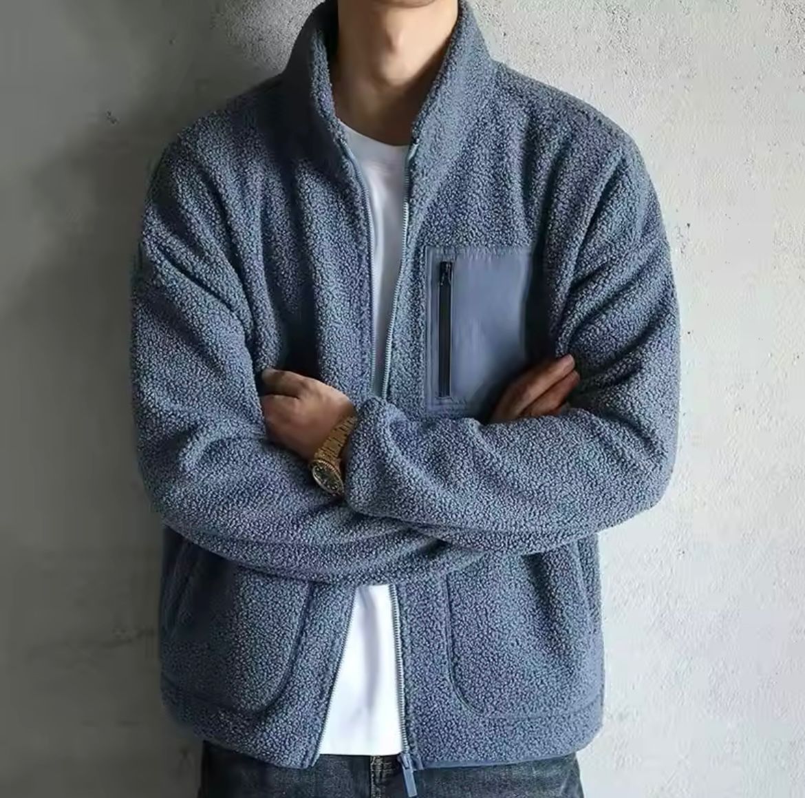 Men’s Zip Up Jacket with High Neck and Multiple Pockets