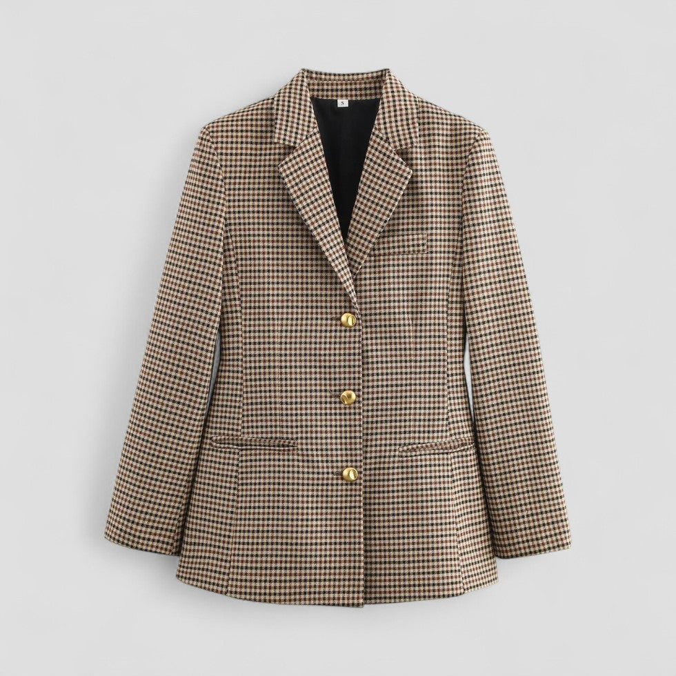 Women's Checkered Vintage Blazer with Gold Button