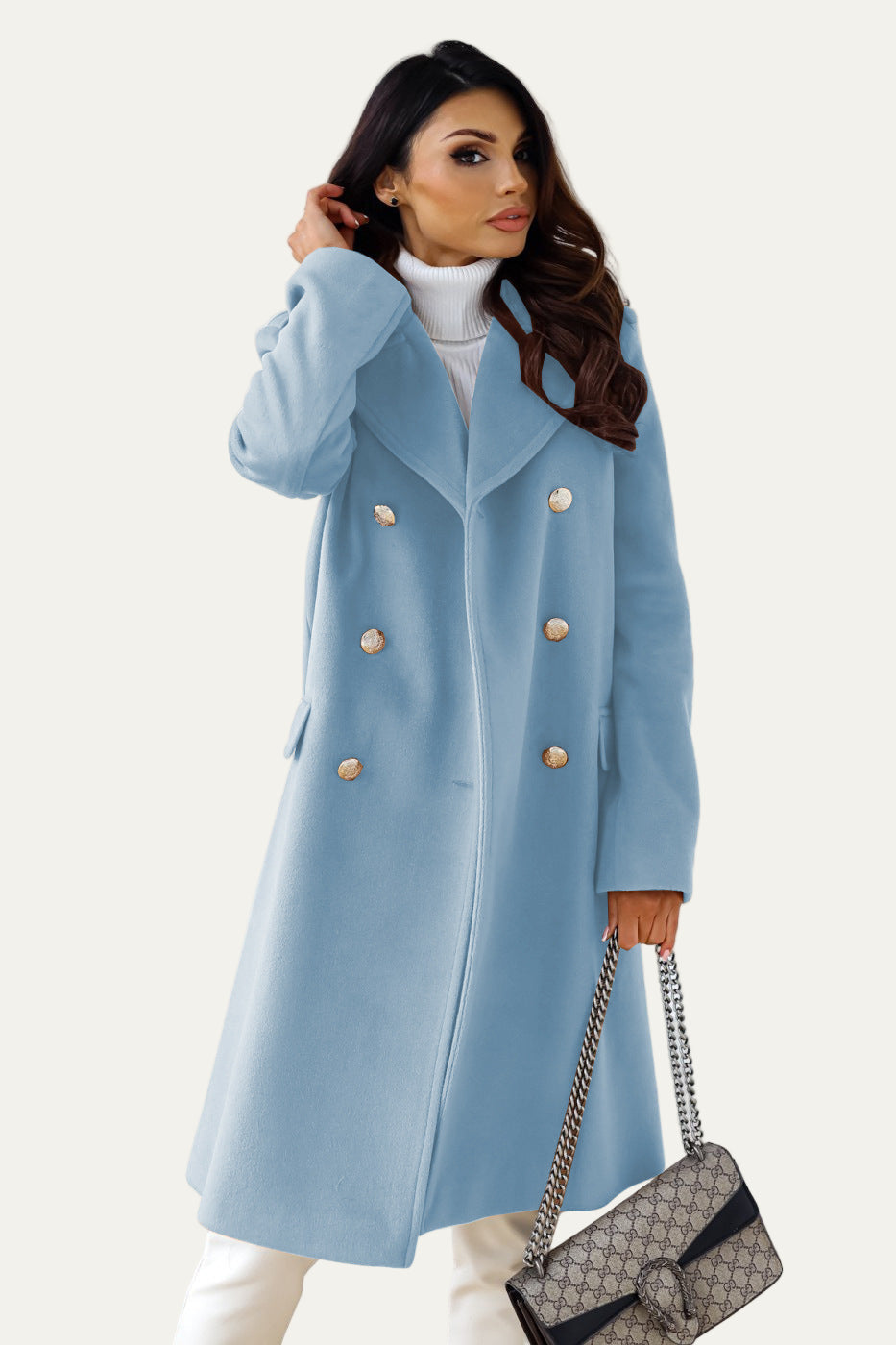 Women’s Gold-Button Long Double-Breasted Coat