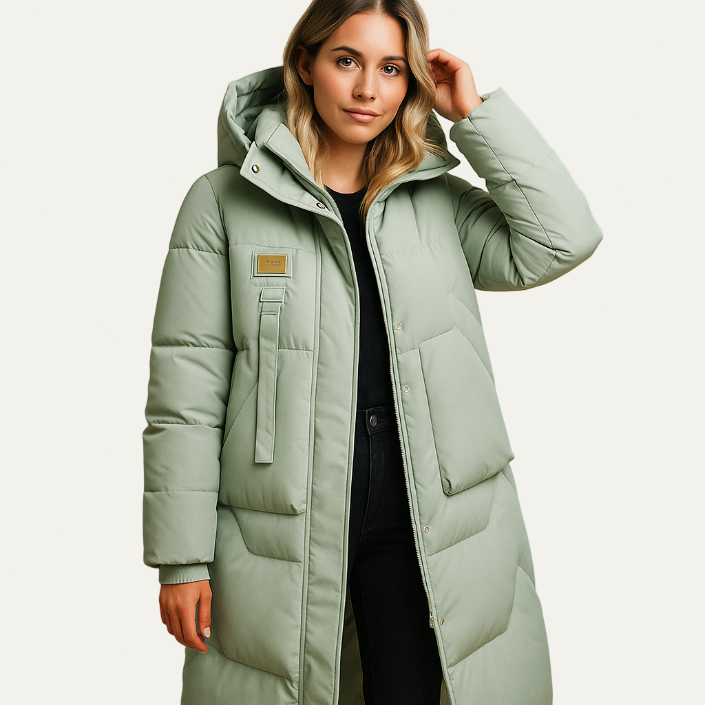 Women’s Long Puffer Coat with Hood and Concealed Front