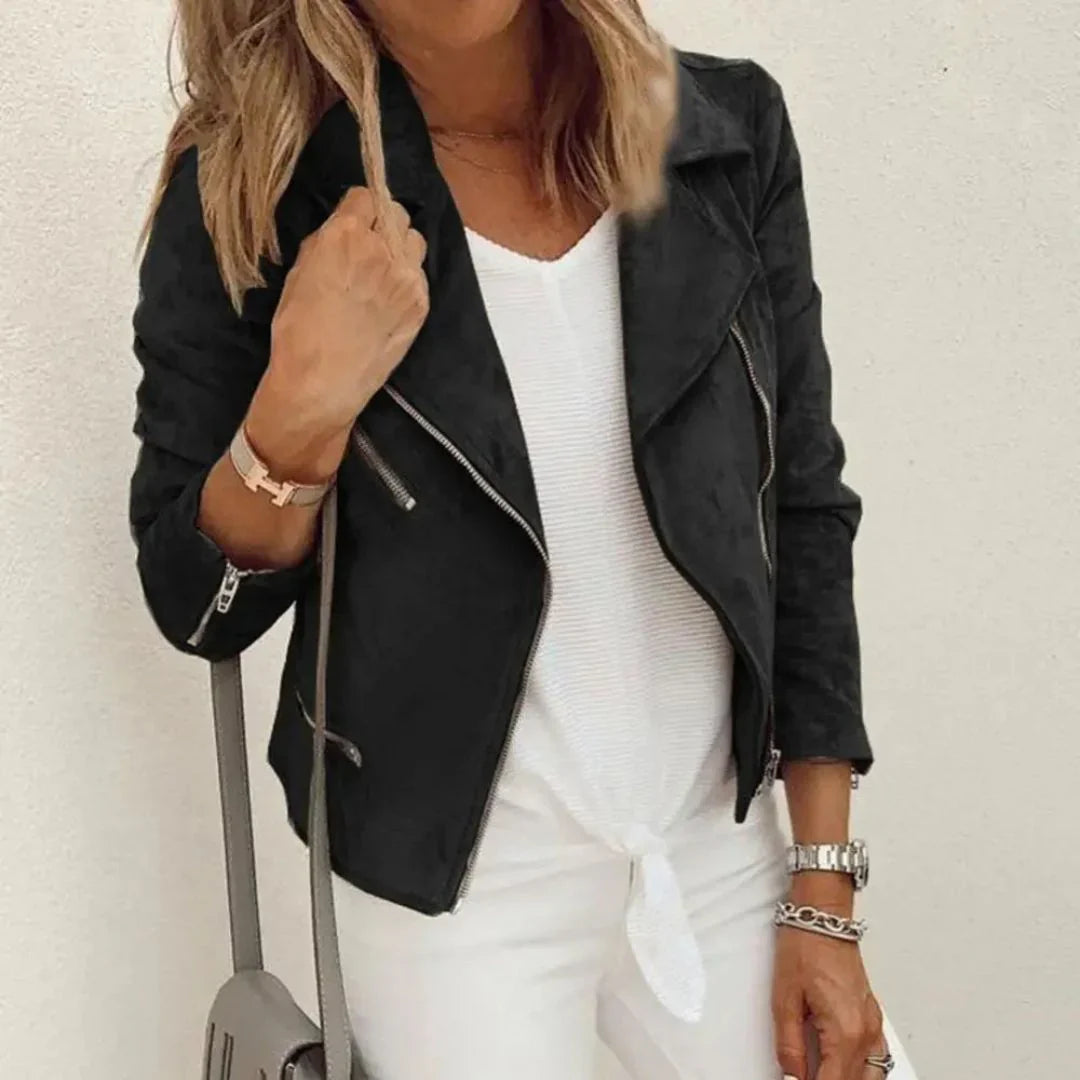 Anna | Women's Faux Suede Moto Jacket – Tailored Fit with Asymmetrical Zip and Stylish Pockets