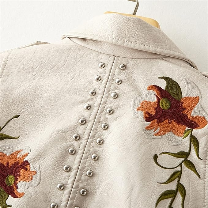 Ivy | Women's Embroidered Leather Winter Jacket with Stud Details
