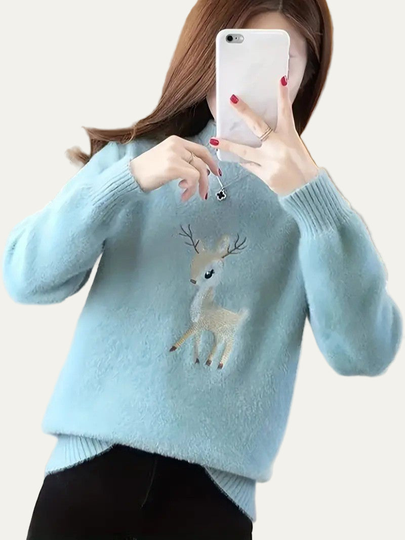 Women’s Fuzzy Deer Embroidered Mock Turtleneck