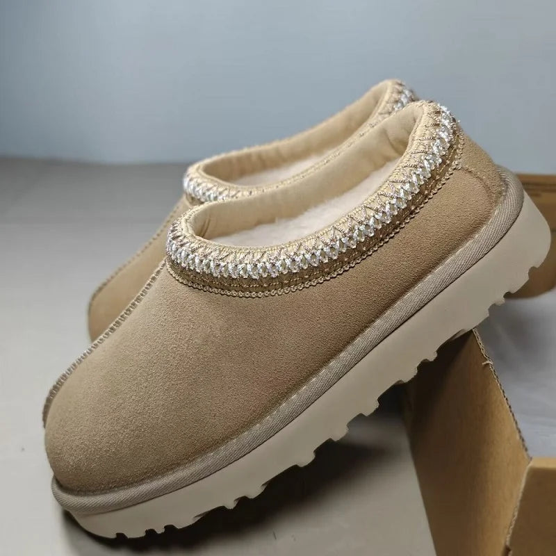 Beige Women’s Ultra Mini Platform Boots – Cozy Winter Ankle Booties with Fur Lining