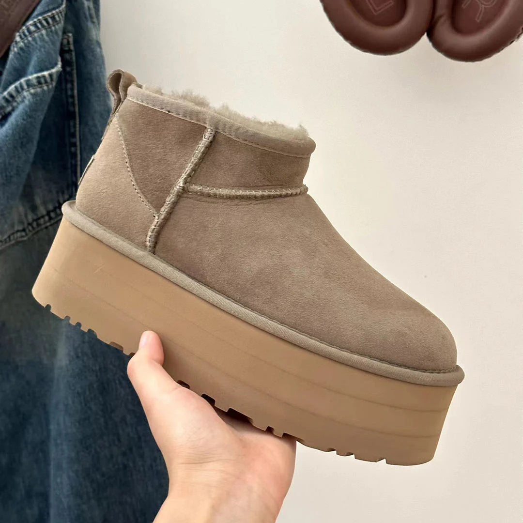 Beige Ultra Mini Boots for Women – Cozy Platform Ankle Booties with Fur Lining