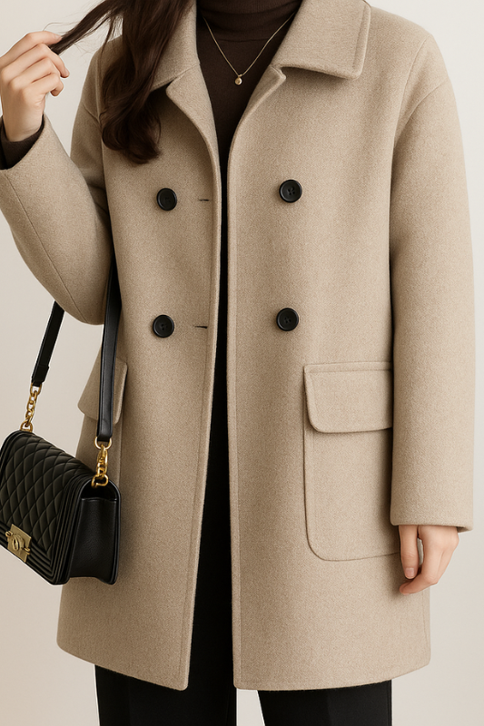 Dalia | Women's Wool-Blend Longline Coat Double-Breasted with Flap Pockets