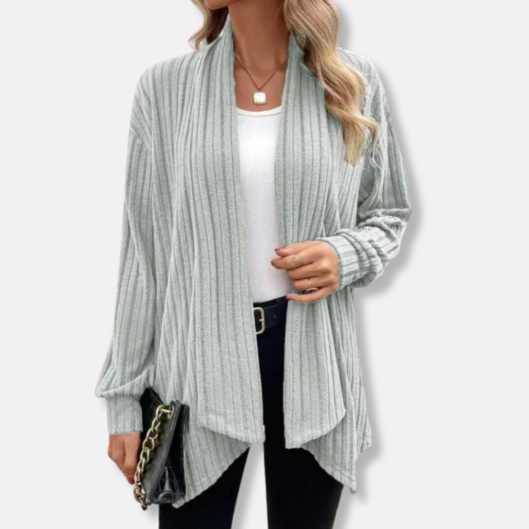 Women’s Cardigan – Ribbed Knit – Relaxed Fit – Draped Open Front – Asymmetrical Hem