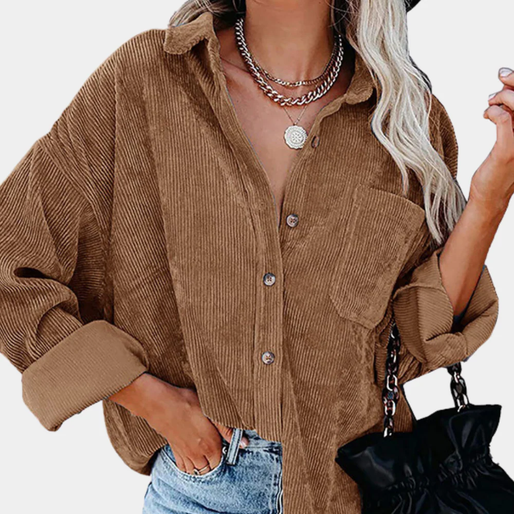 Women’s Jacket – Corduroy Ribbed Fabric – Oversized Fit – Button Front – Hip Length