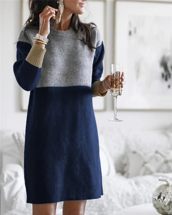 Women’s Knit Dress – Wool Blend – Relaxed Fit – Long Sleeve – Ribbed Color Block