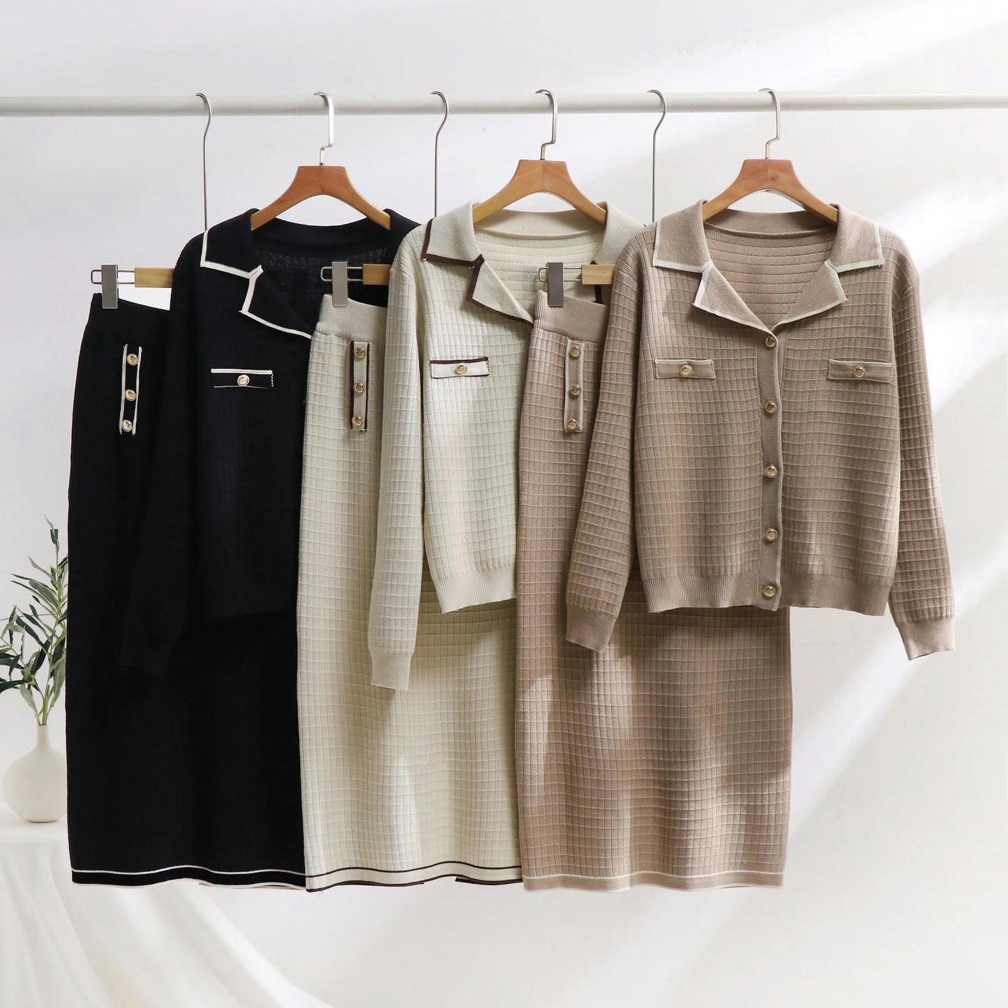 Women’s Knit Set – Polo-Neck Cardigan & Pencil Skirt – Slim Fit – Textured Pattern