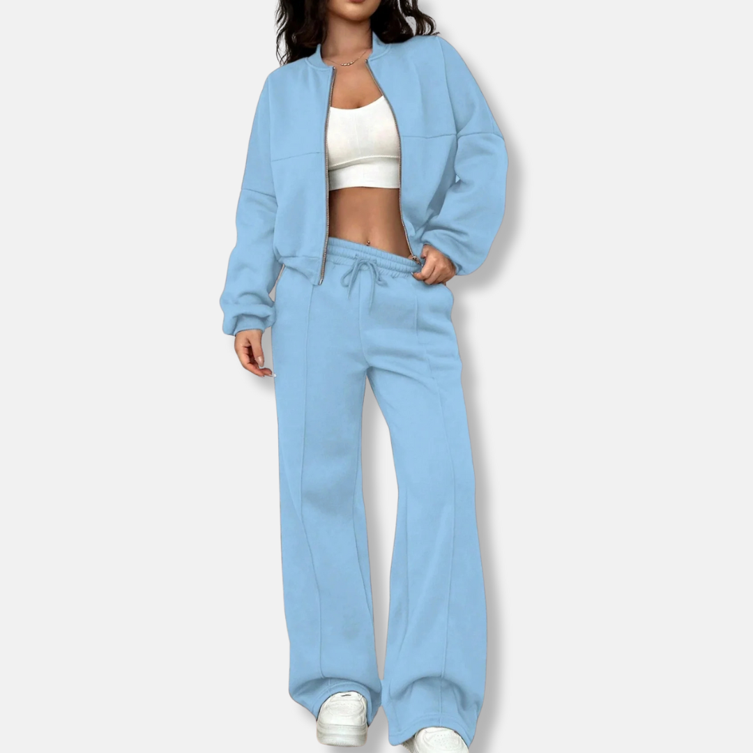 Women’s Loungewear Set – Relaxed Bomber Jacket – High-Waisted Wide-Leg Trousers