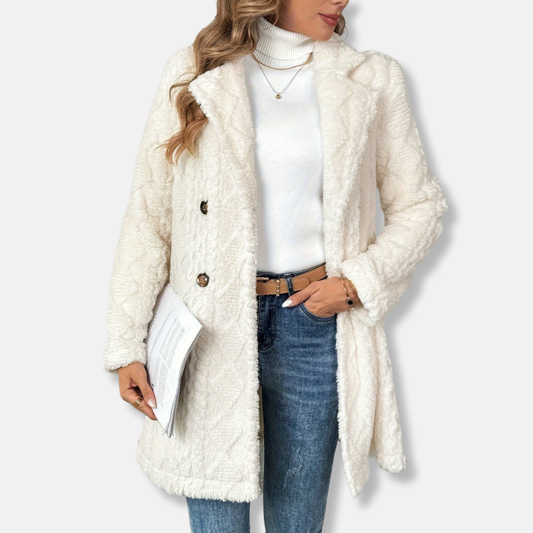 Women’s Mid-Length Coat – Plush Textured – Double-Breasted – Relaxed Fit – Notched Lapel