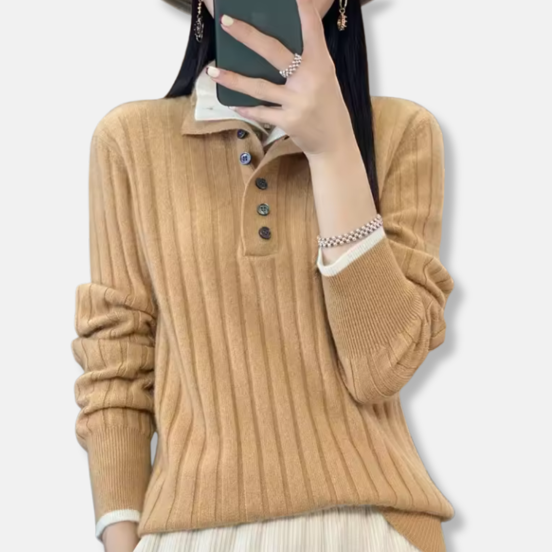 Women’s Pullover Sweater – Ribbed Knit – Shirt Collar – Button Placket – Relaxed Fit