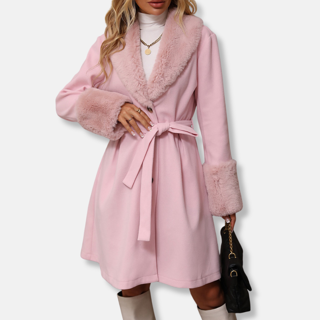 Women’s Trench Coat – Tailored Fit – Wool Blend – Faux Fur Collar & Cuffs – Belted