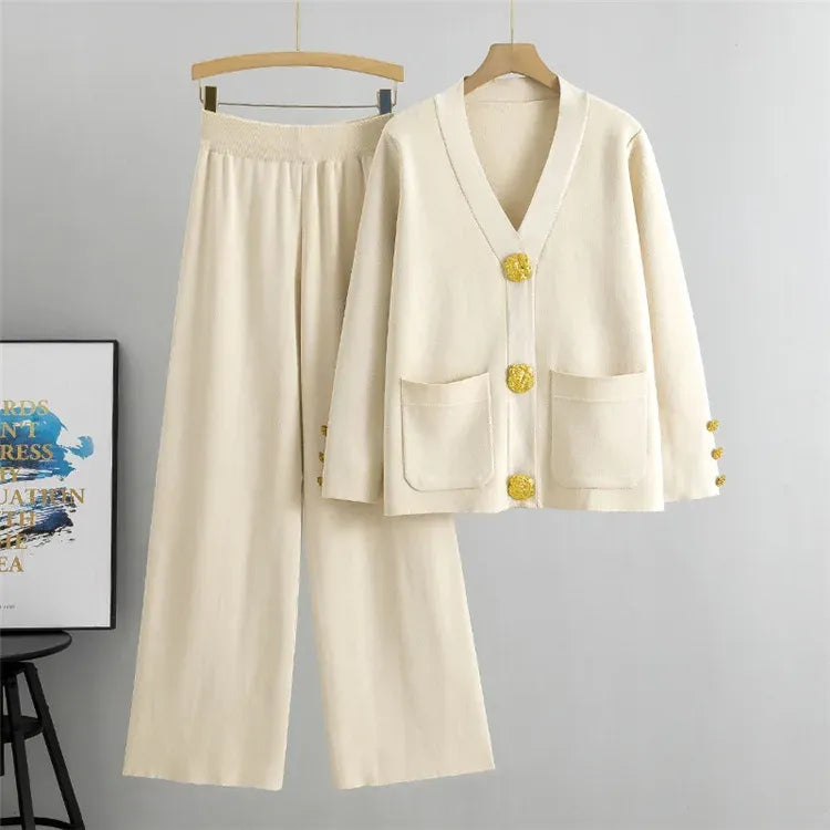Women’s Two-Piece Knit Set – Relaxed Fit Cardigan with Buttons – Wide-Leg Trousers