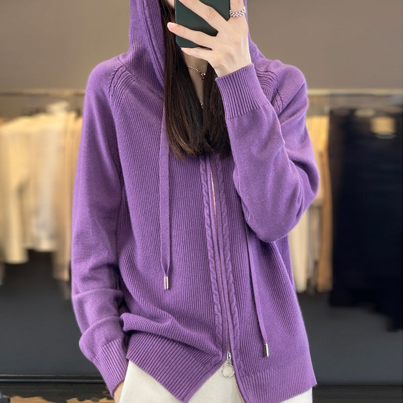 Women’s Zipper Hoodie – Relaxed Fit – Soft Knit – Cable Knit Detail – Drawstring Hood