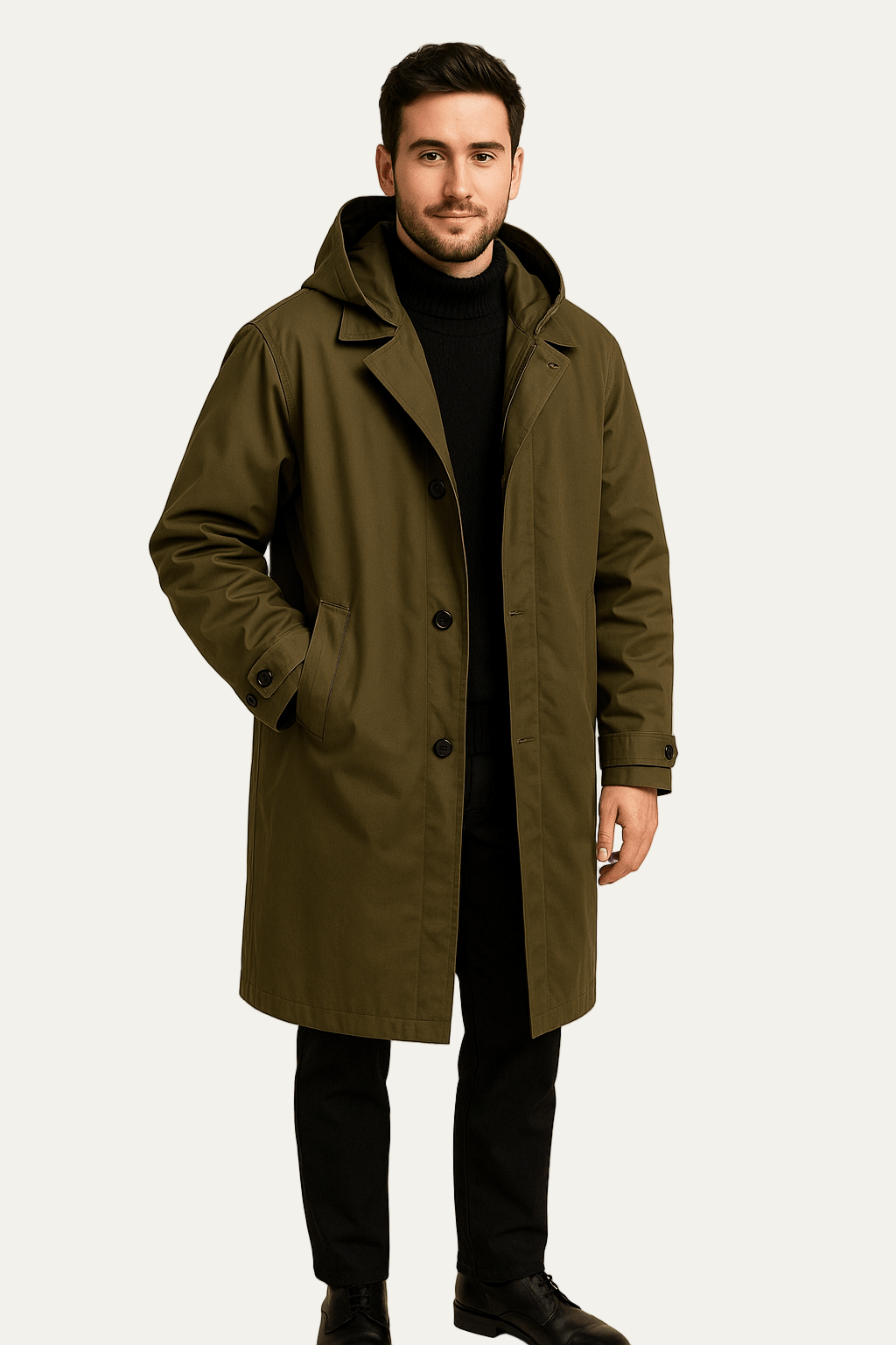 Men’s Knee Length Coat with Removable Hood