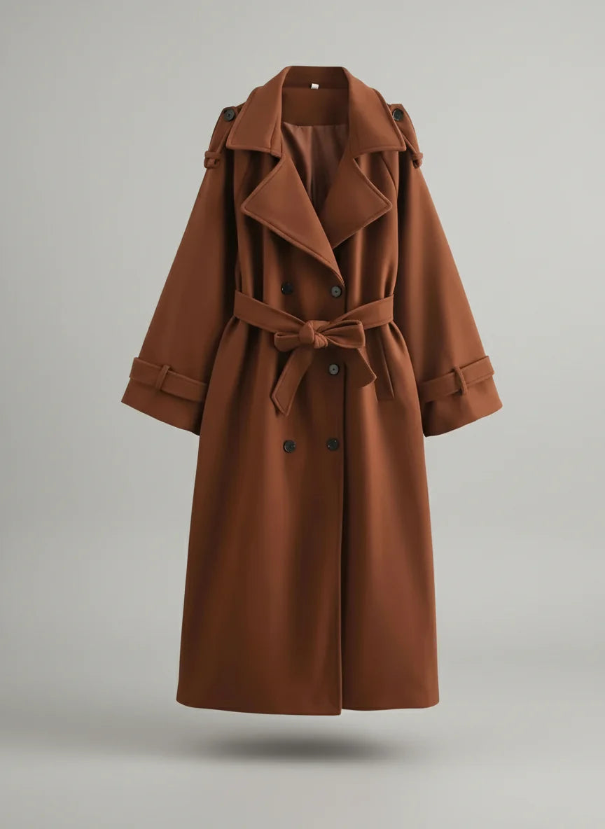 Women’s Long Burgundy Trench Coat – Double-Breasted Belted Maxi Style
