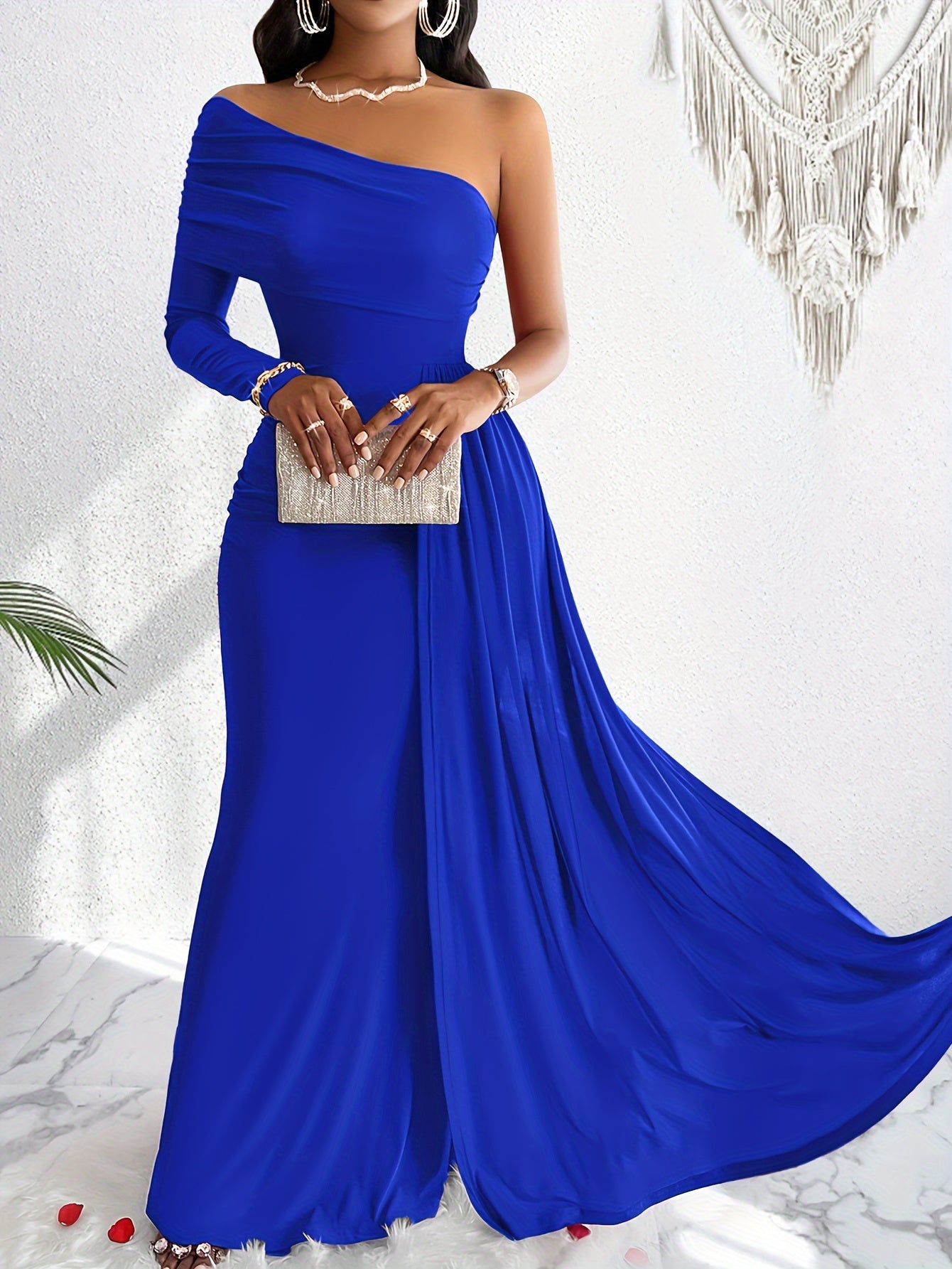 Elegant One Shoulder Asymmetrical Flowy Ruched Maxi Formal Dress for