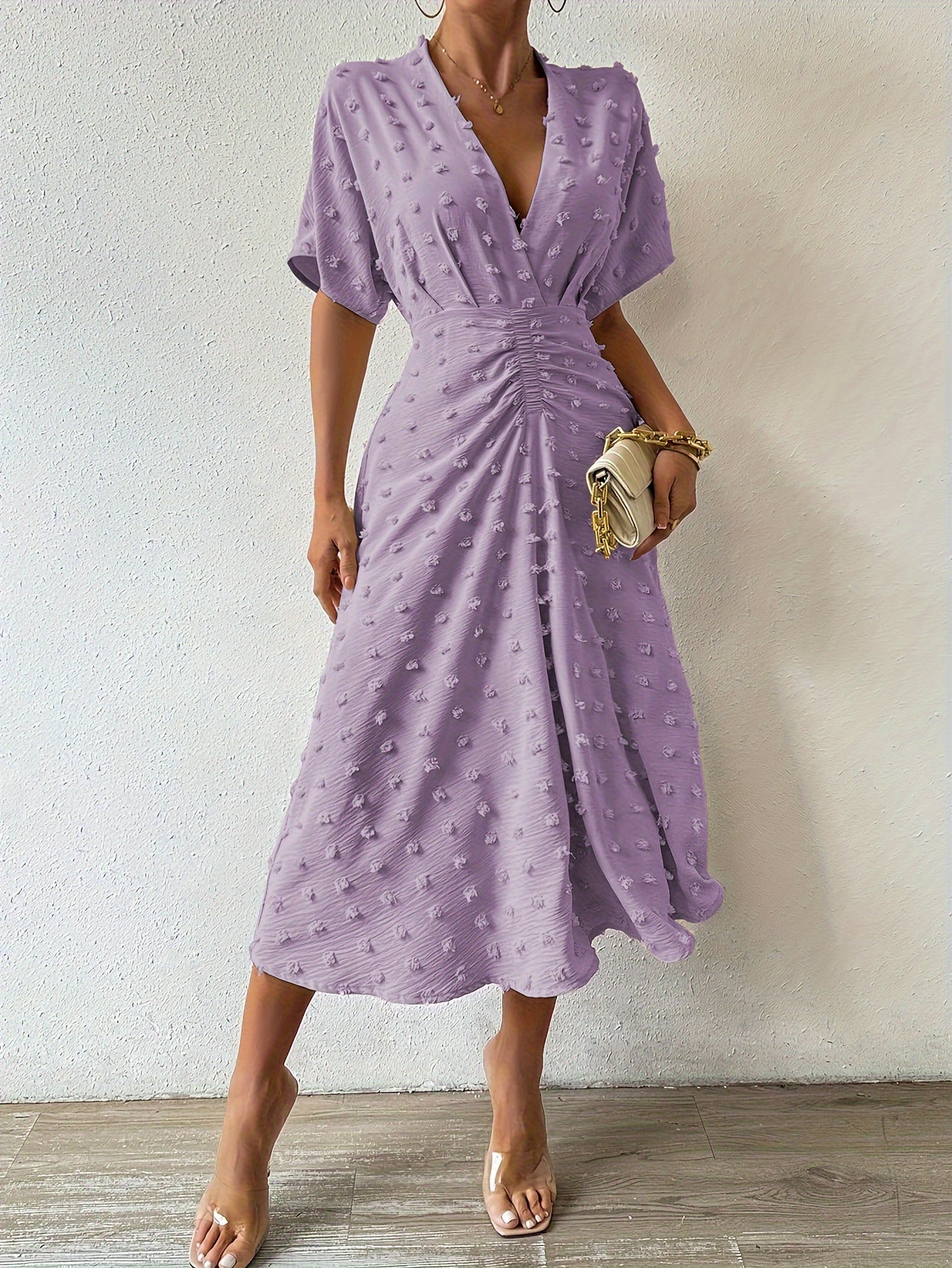 Elegant V Neck Short Sleeve Midi Evening Dress for Women
