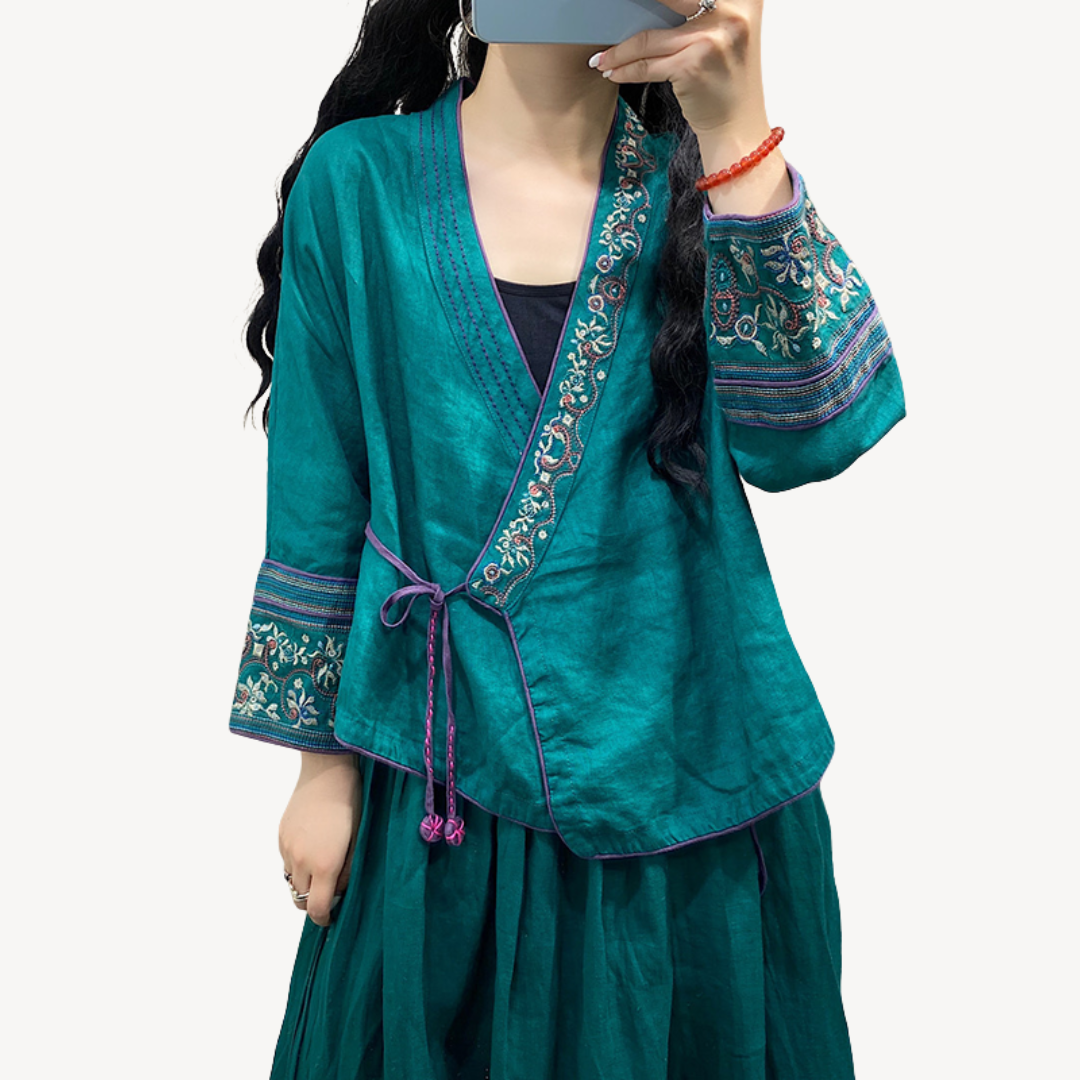 Women's Embroidered Linen Blend Kimono Jacket