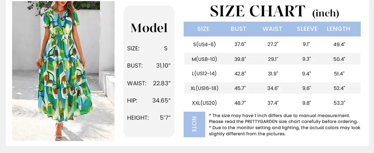 Boho Floral Short Sleeve V Neck A Line Tiered Ruffle Flowy Long Beach Vacation Maxi Dresses