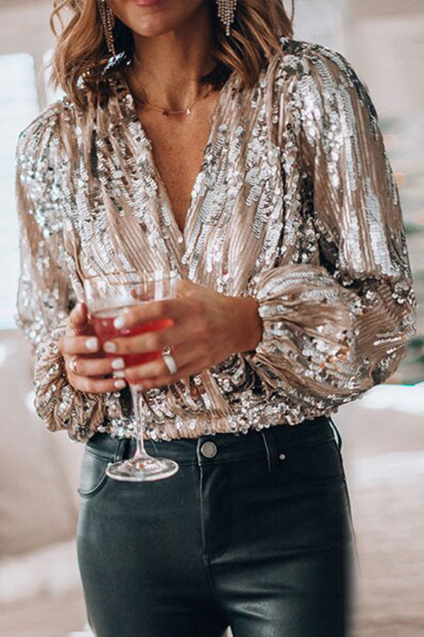 Ladies' Glamorous V-Neck Top with Sparkly Details - BritishElegance