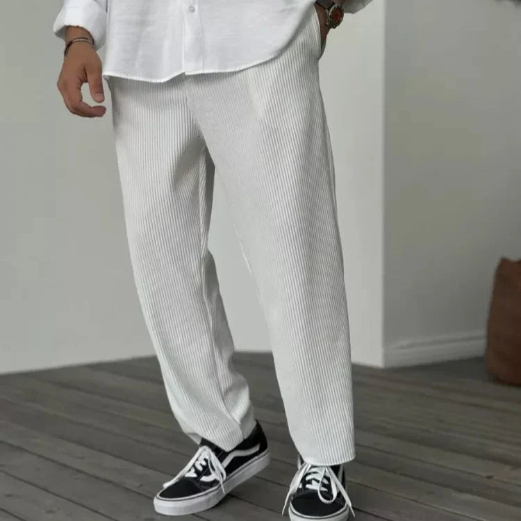 Men's Casual Pinstripe Relaxed Fit Trousers with Drawstring Waist