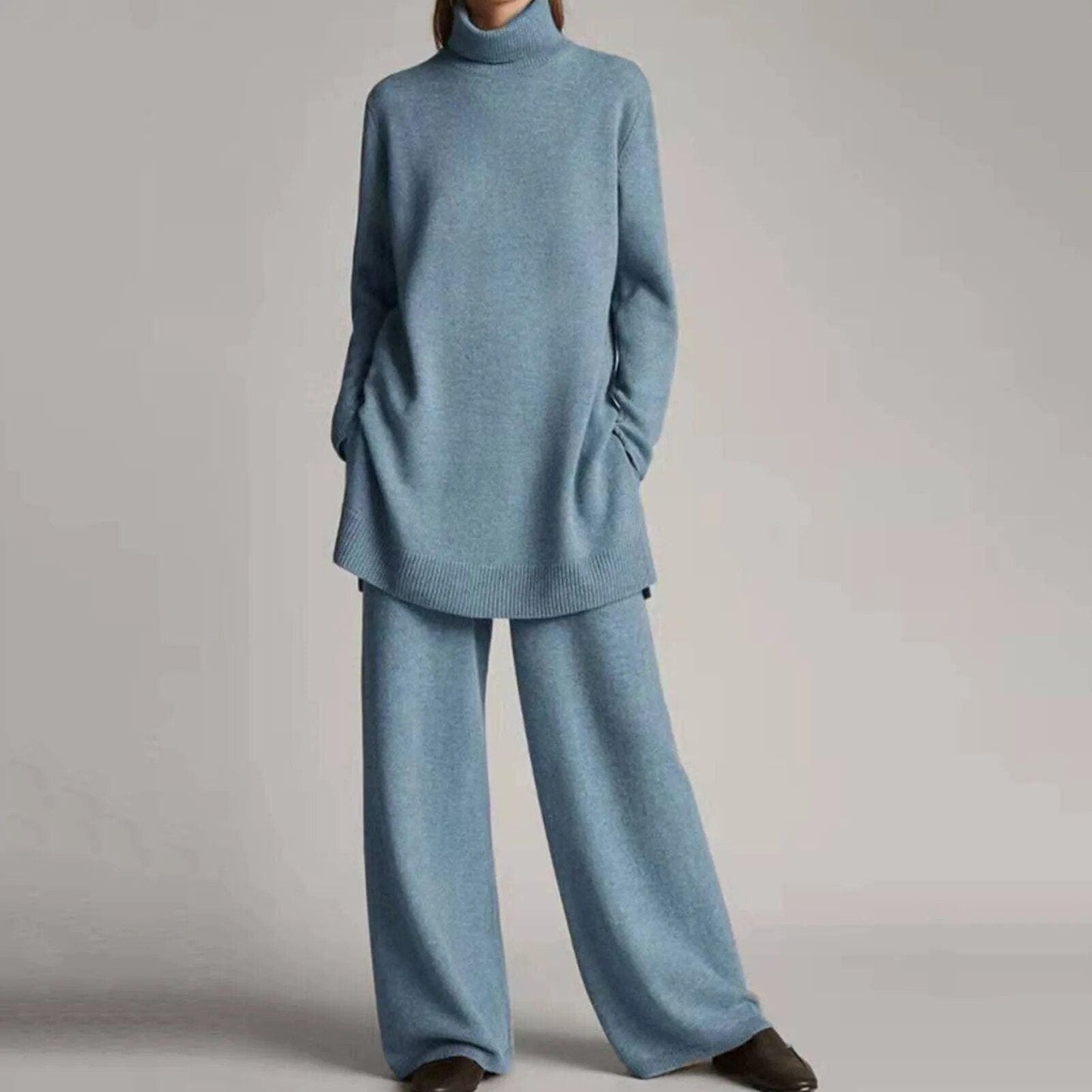 Women’s Knit Turtleneck & Wide-Leg Pants Set – Soft Wool-Blend 2-Piece Lounge Co-Ord, Elastic Waist, Ribbed Turtleneck