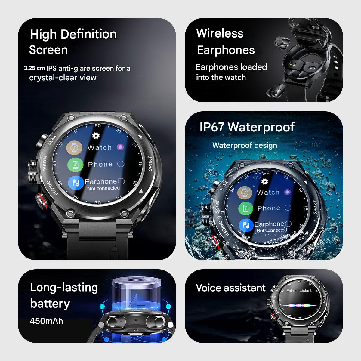 Complete Smartwatch with Built-in Wireless Earbuds - AlphaX