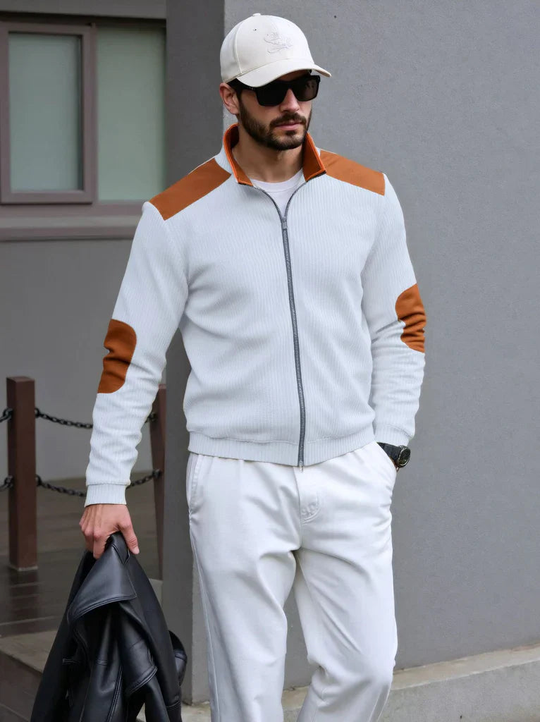 Stylish Men's Zip Cardigan with Shoulder Patches
