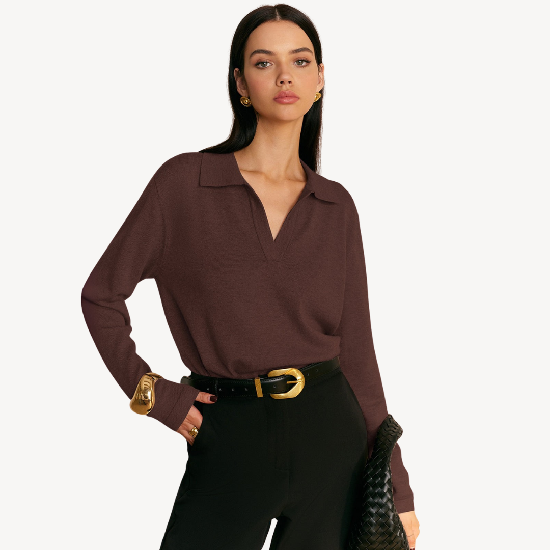 Knit Long Sleeve Polo V-Neck Sweater Women