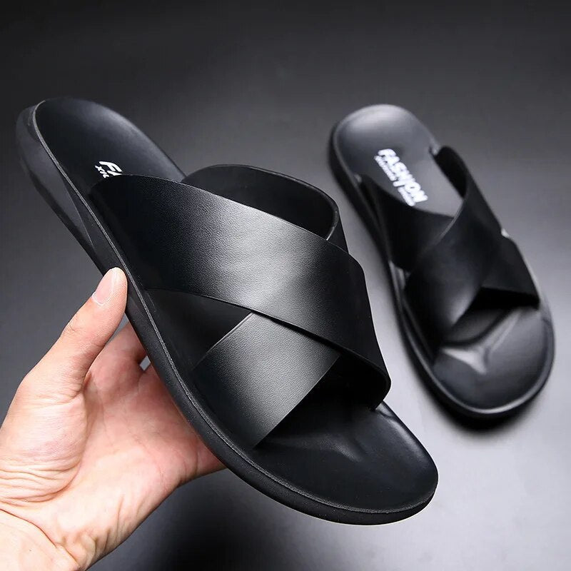 Men's Buckle Leather Sandals - Classic Comfort Slides