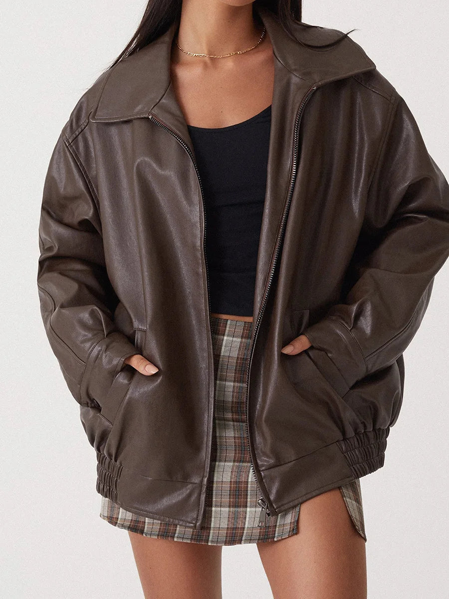 Ladies Large Faux Leather Biker Jacket with Zip Front