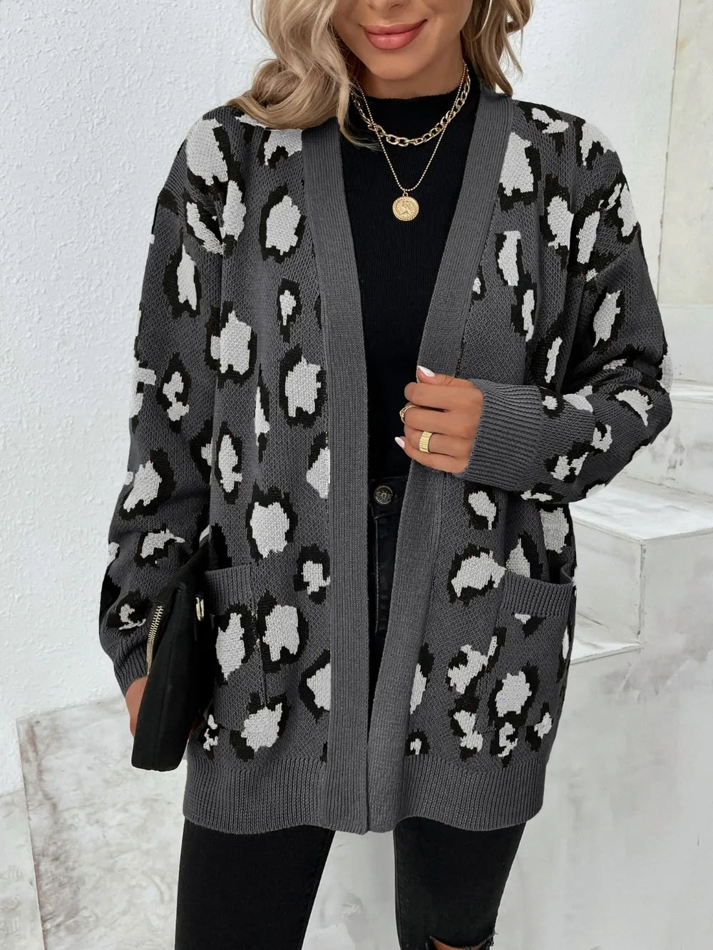 Animal Print Open Front Sweater