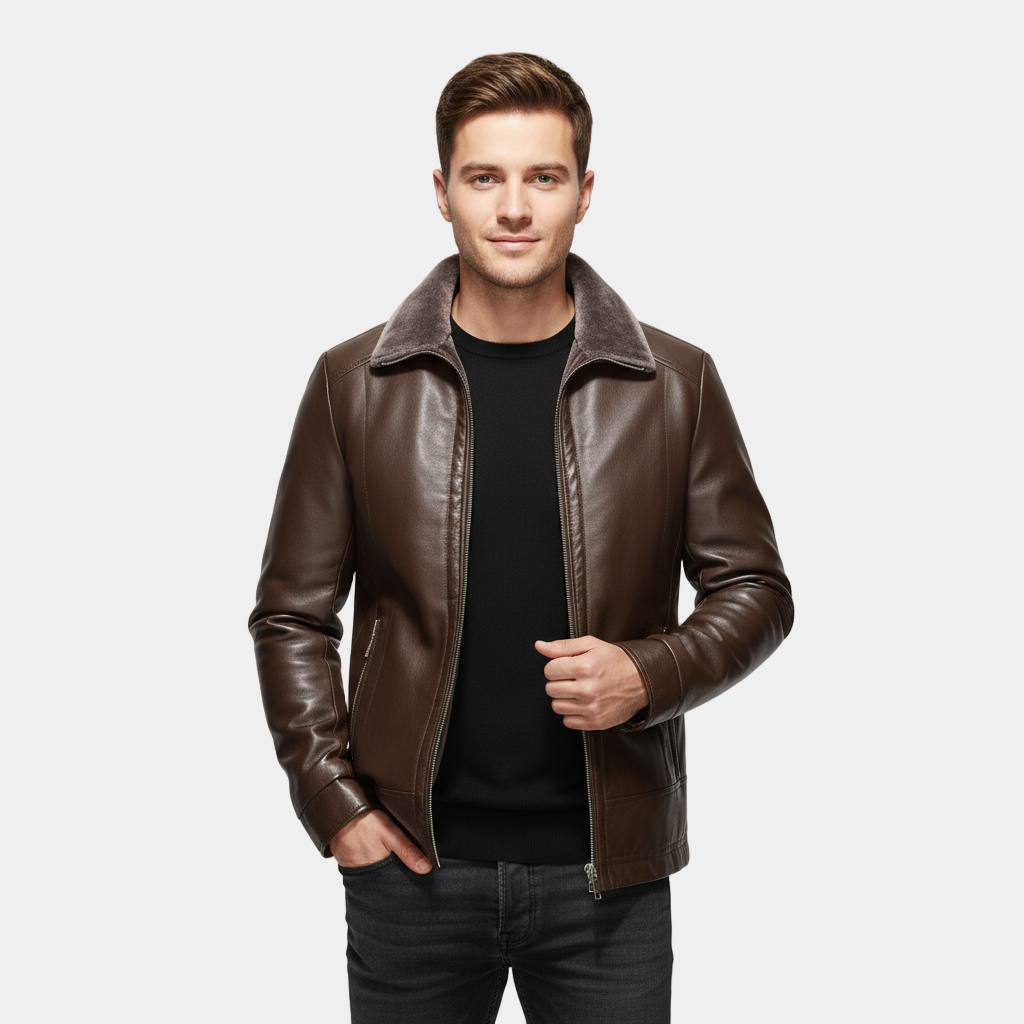 Classic Faux Leather Jacket with Shearling Trim
