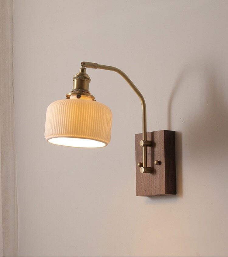 Rustic Wood LED Wall Lamp with Ceramic Shade
