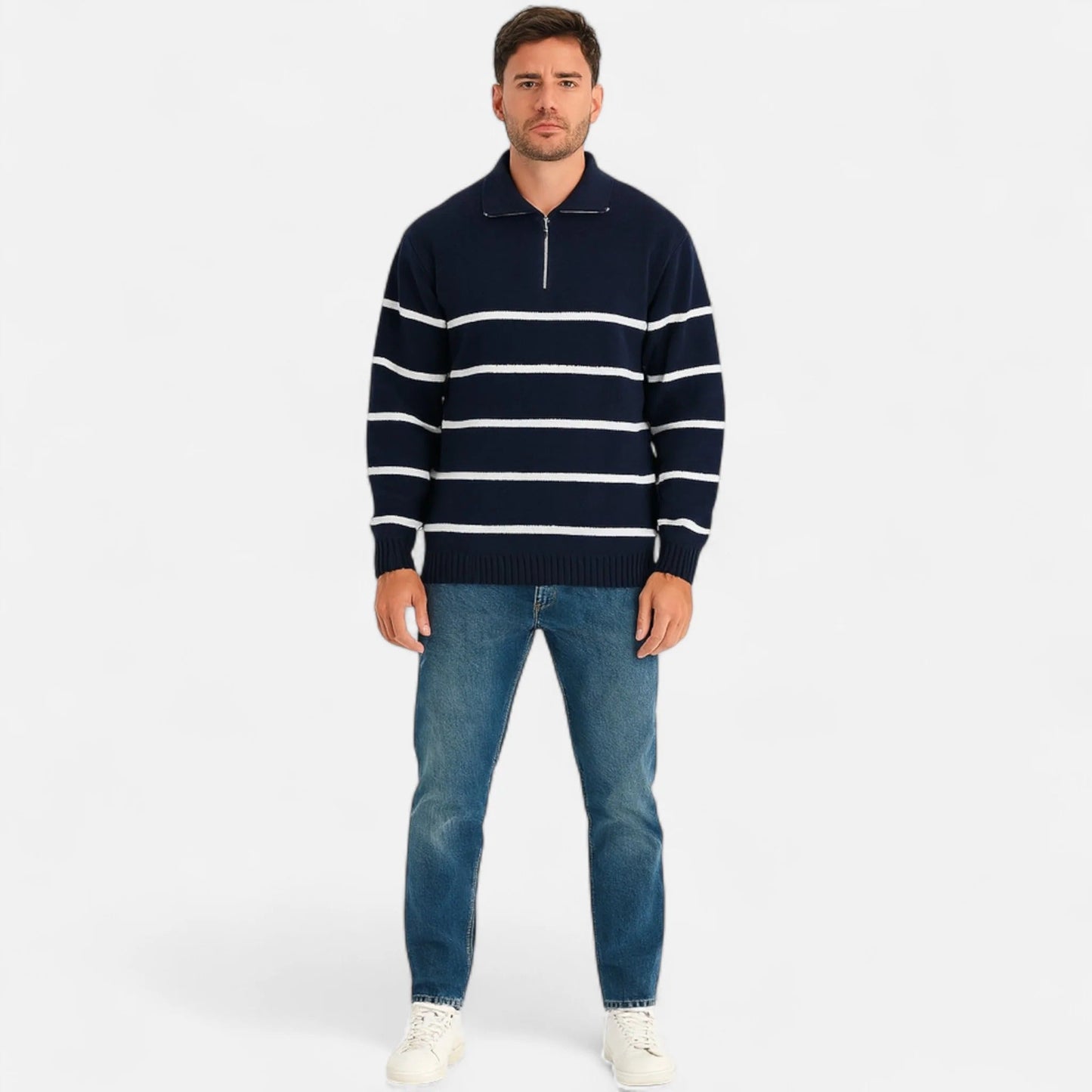 Blue/White Striped Quarter Zip Sweater Men