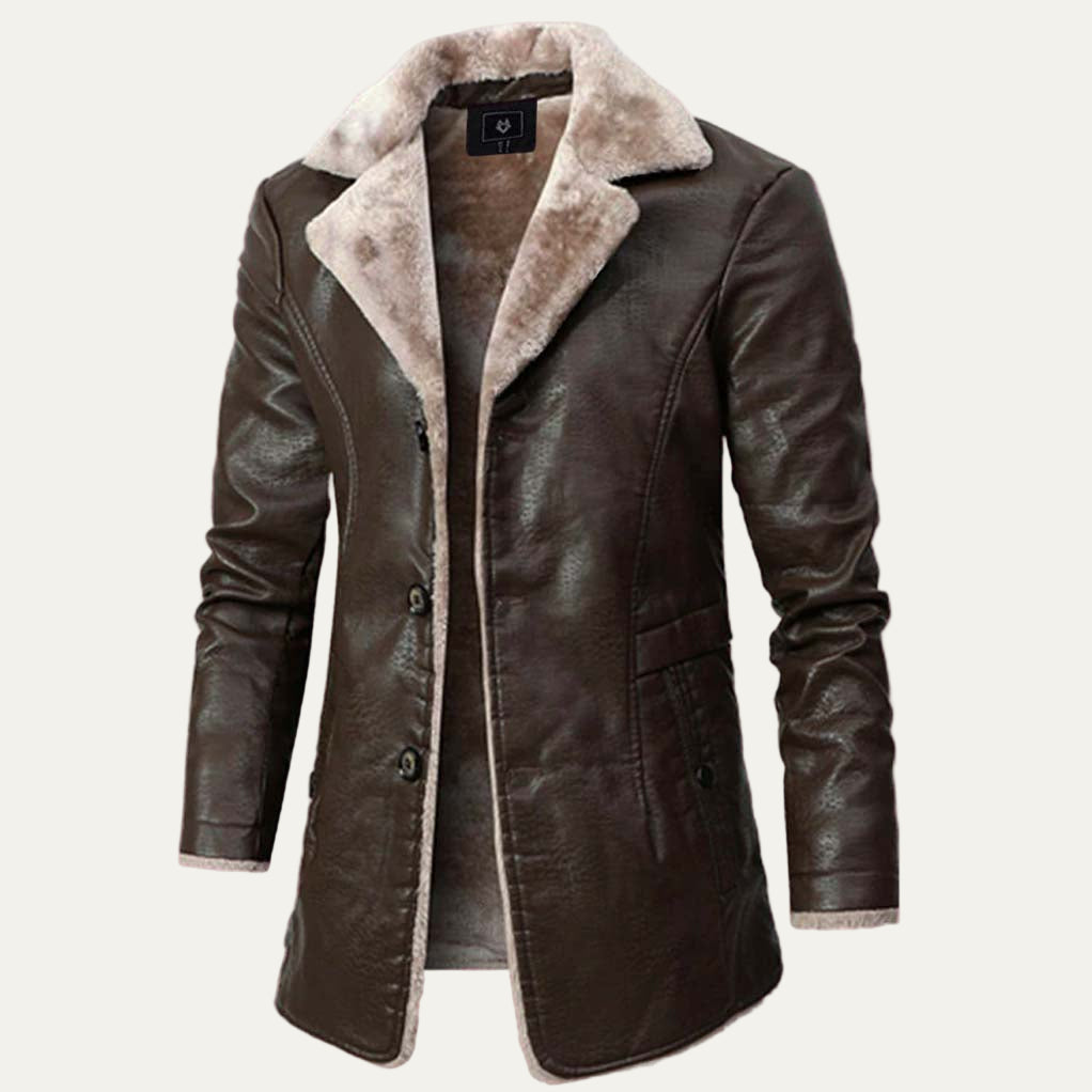 Men’s Long Shearling Lined Leather Look Coat