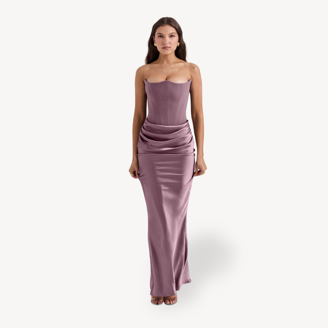 Women’s Strapless Satin Corset Maxi Dress – Formal Gown in Multiple Colors