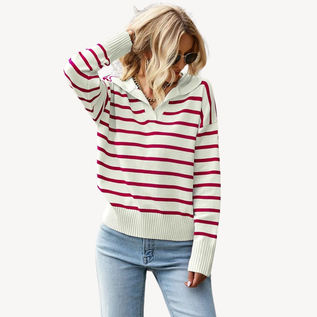 Striped Polo Knit Sweater for Women