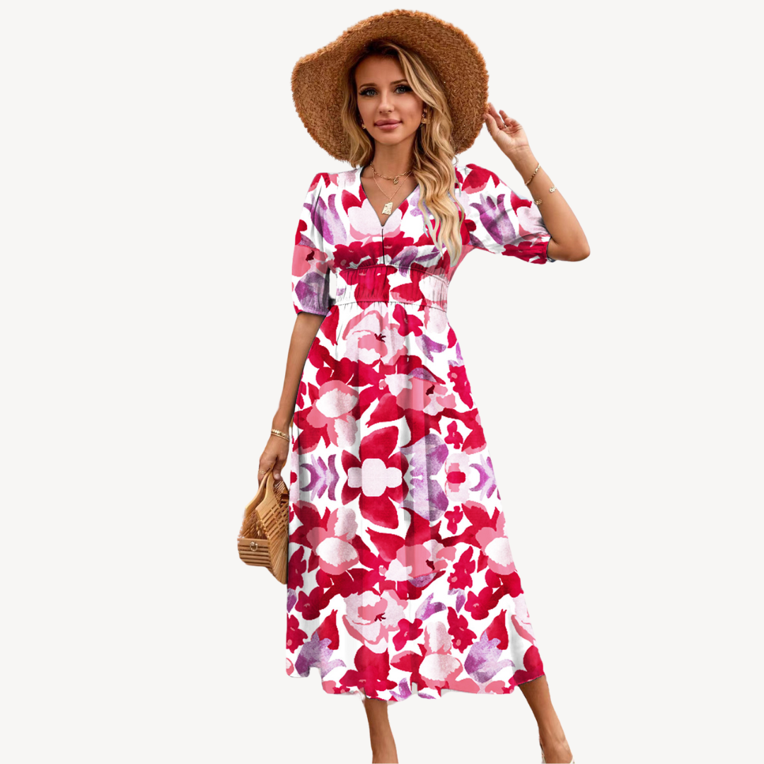 Floral Print V-Neck Midi Dress Women