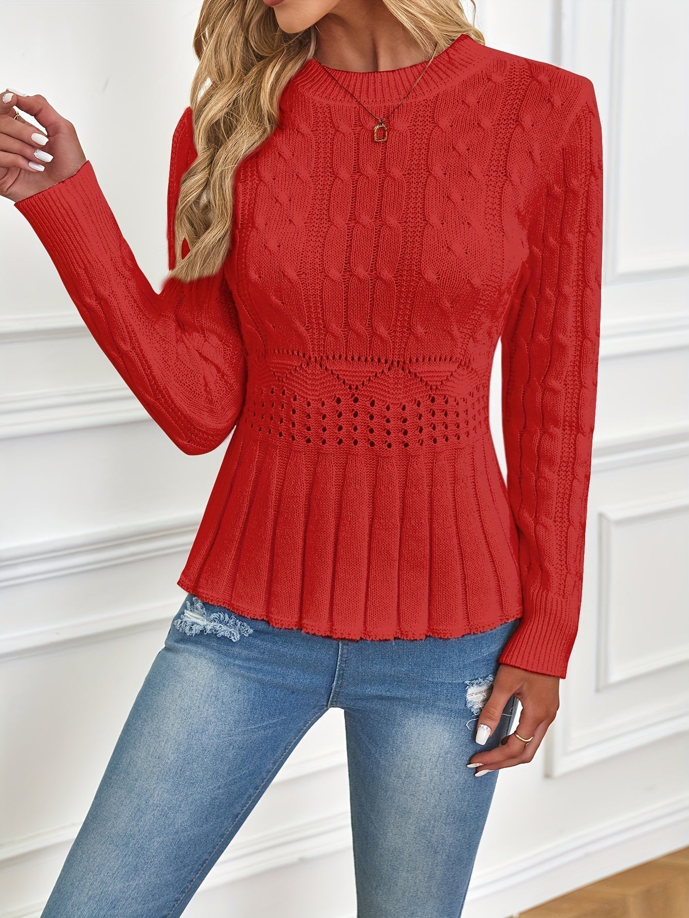 Sturdy Cable Knit Sweater with Round Neck - Elena